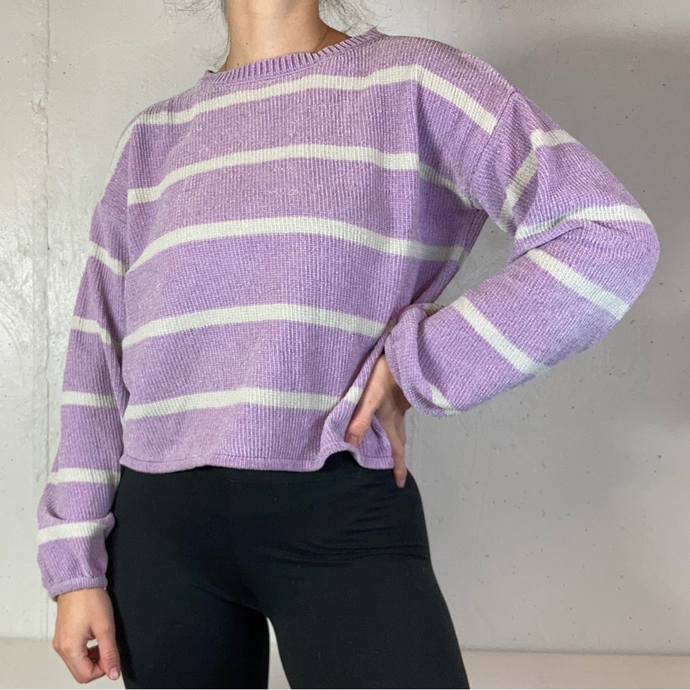 Lilac + White Cropped Chenille Knit Balloon Sleeve Sweater